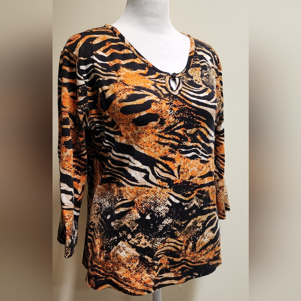 Anne Klein Sport 100% Cotton Top Women's Size M Vibrant Tiger Animal Print
